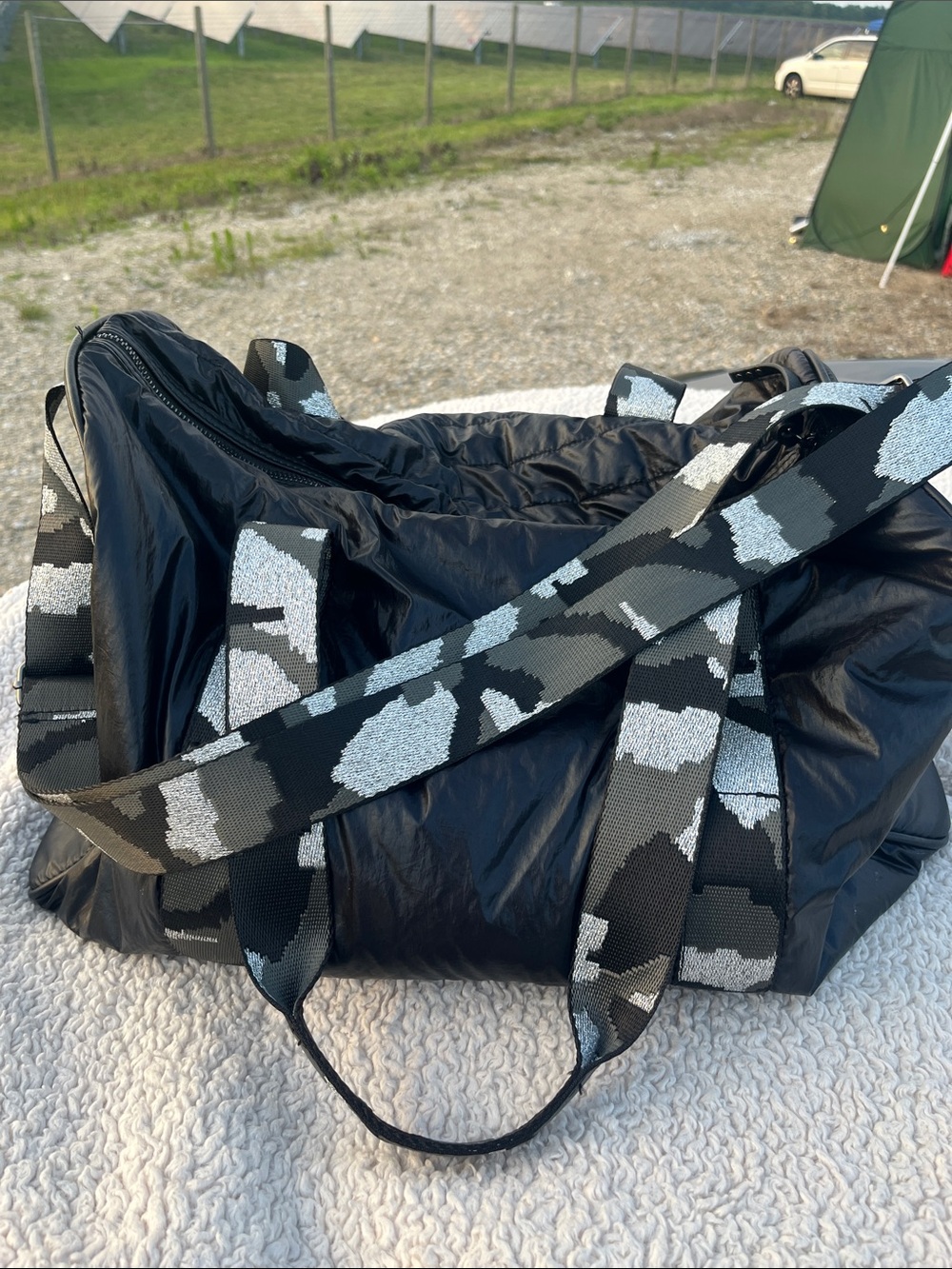Jessica Simpson Black Quilted Duffel with Patterned Webbed Straps